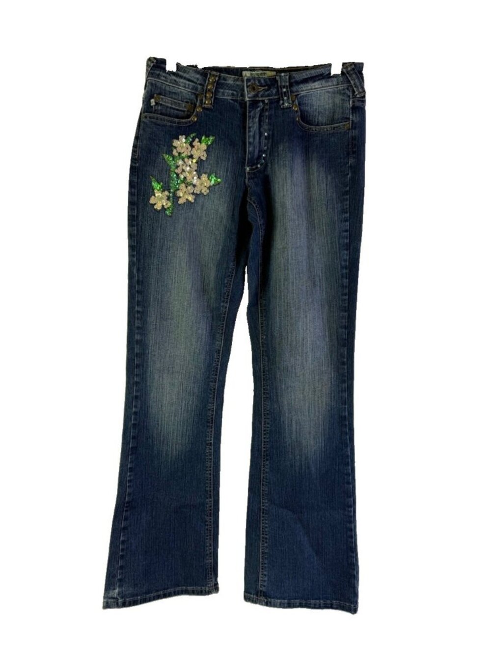 Vintage Y2K Jeans Thick Stitched Floral Embellished Flared Baby